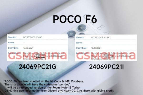 POCO F6 может оказаться урезанной версией Redmi Note 13 Turbo